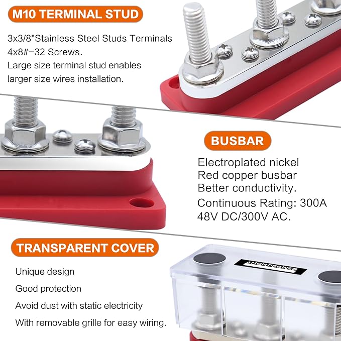AMOMD 300A Bus Bar 3 Terminal Studs M10 4x8#-32 Screws Nickel Plated Copper - Image 3