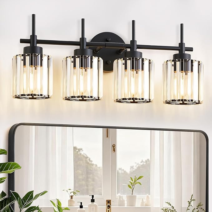 EJIAXIN 4 Light Round Crystal Vanity Lights, Modern Black Crystal Wall Light by WelcometoEJIAXIN