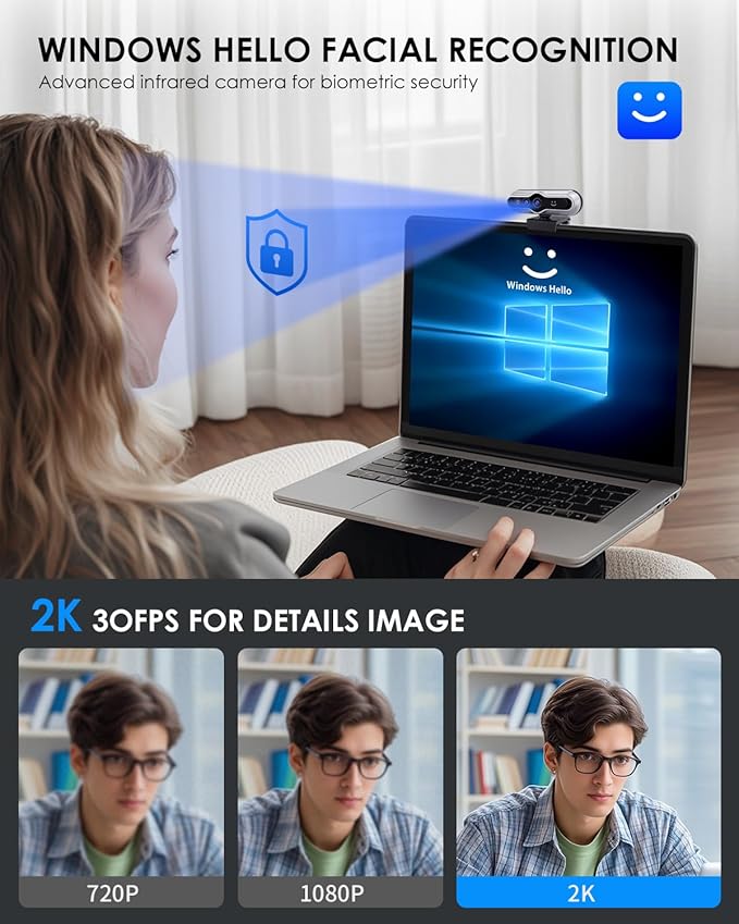 2K HD Webcam with Infrared Windows Hello Facial Recognition, Computer Camera - Image 3