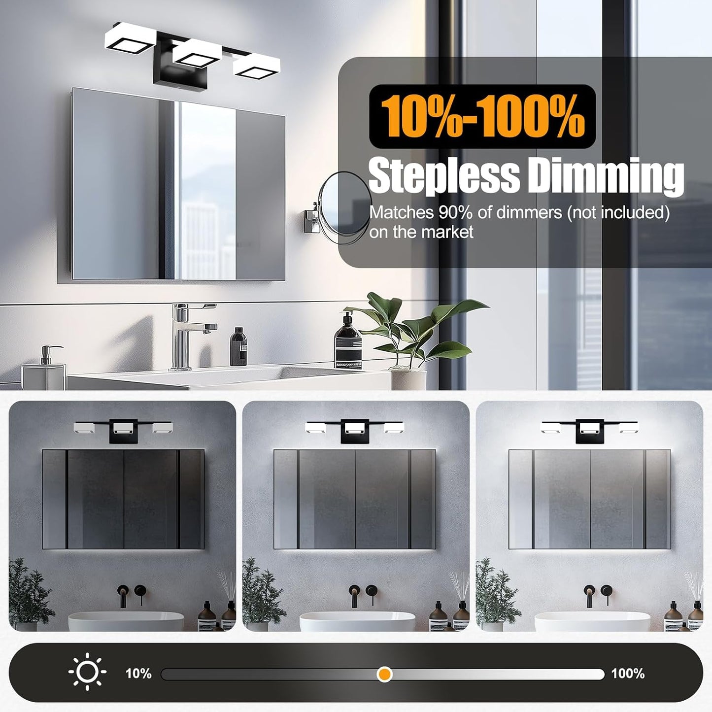 LED Modern Bathroom Light Fixtures, 3-Light Dimmable Vanity Lights with 5 Color Modes, Matte Black Acrylic Bathroom Wall Lighting Fixtures Over Mirror, 2700K- 6500K Adjustable, 18 Inch, ETL Listed
