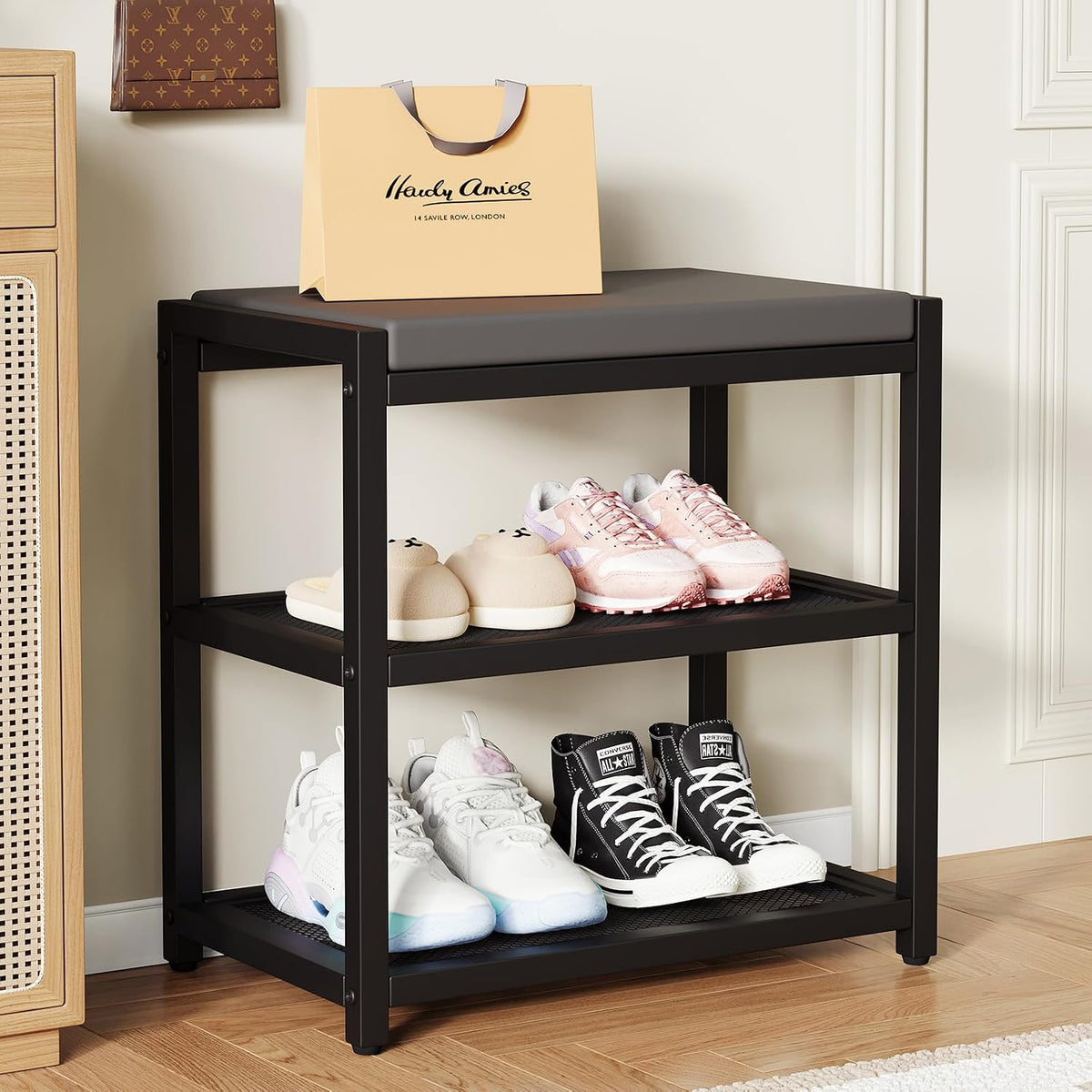 zhooge small shoe bench shoe rack storage bench shown in use