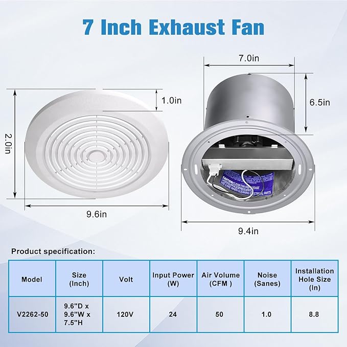 HTONG Innovation V2262-50 7 Inch Bathroom Exhaust Fan, 50 CFM Ceiling Exhaust - Image 2