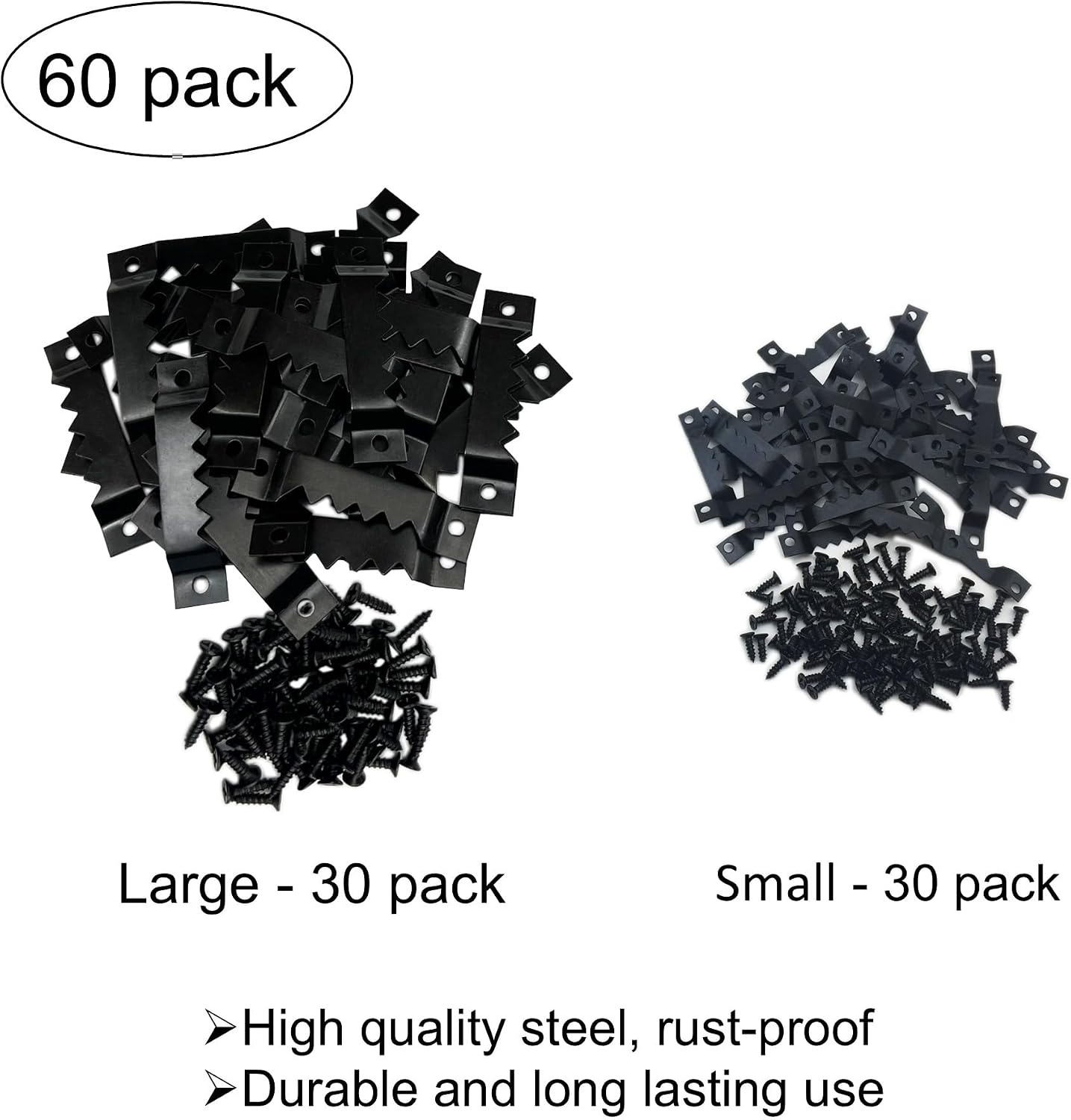 30 Pack Large and 30 Pack Small Sawtooth Picture Hangers (Black) | Metal Heavy Picture Hanging Kit, Picture Frames Hangers, For Hanging Photo Frames, Artwork, Paintings, Clock, Canvas Hooks