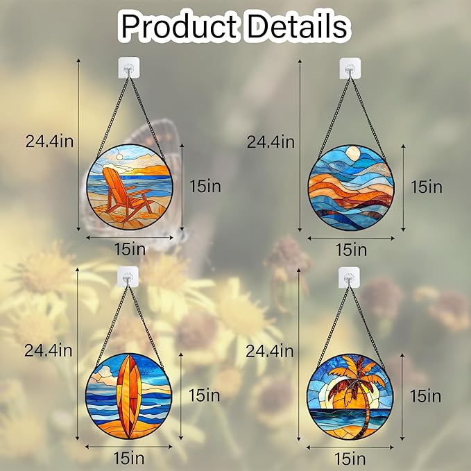 DASTOLL Stained Glass Window Hanging 4 Pcs Set Blue Orange Ocean Beach Theme - Image 6