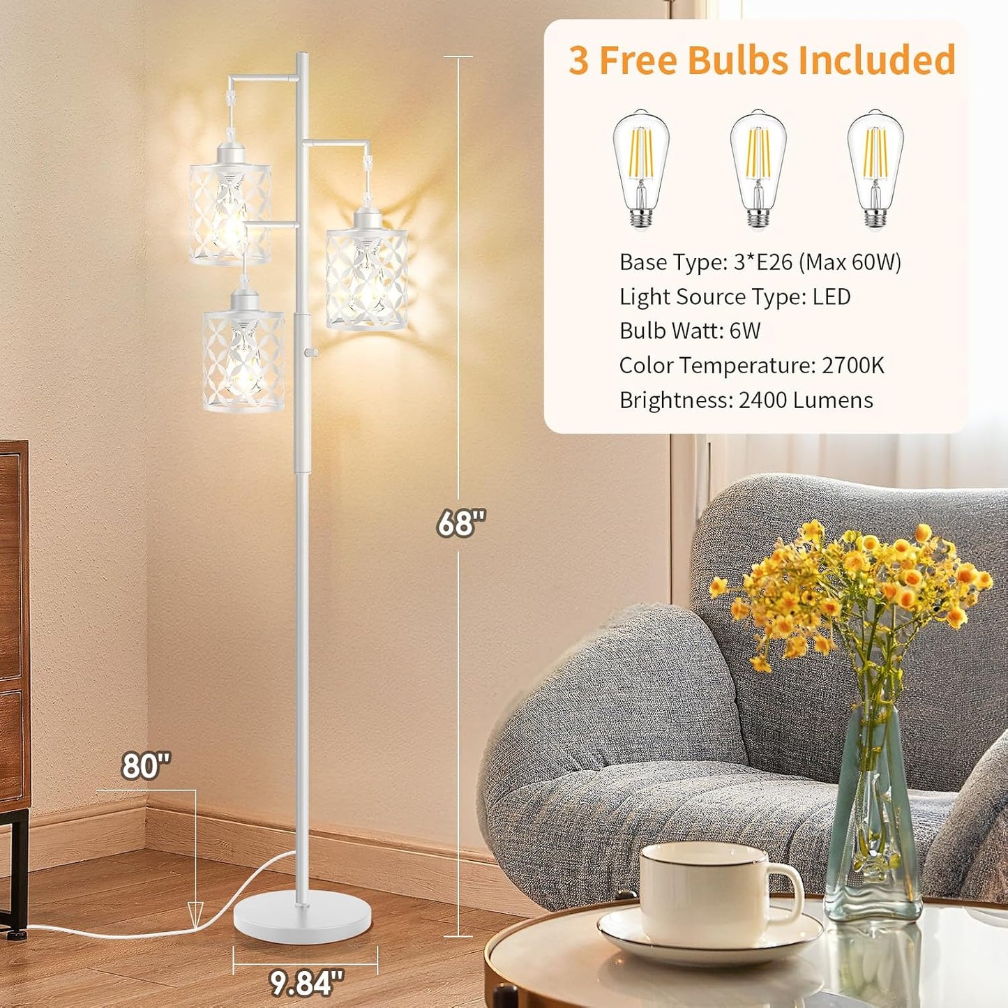 Dimmable Floor Lamp, Farmhouse Standing Lamp with Elegant Metal Cage, Industrial Tall Tree Floor Lamps for Living Room Bedroom Study Room Office, 3 x 800LM LED Bulbs Included - 68", White