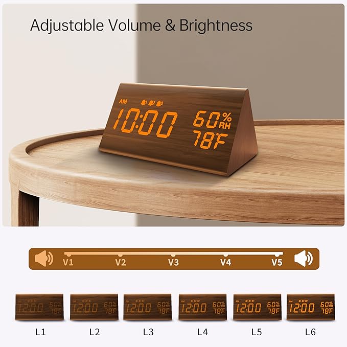 JALL Digital Alarm Clock, with Wooden Electronic LED Time Display, 3 Alarm - Image 4