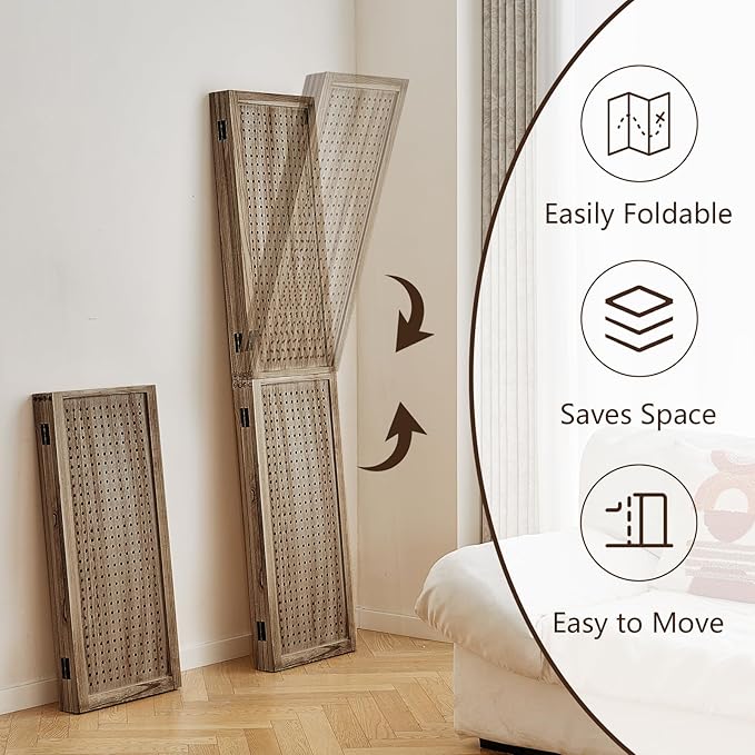 Leesinwing 4 Panel Wooden Room Dividers, 5.6FT High Plug-in Folding Screen Made - Image 4