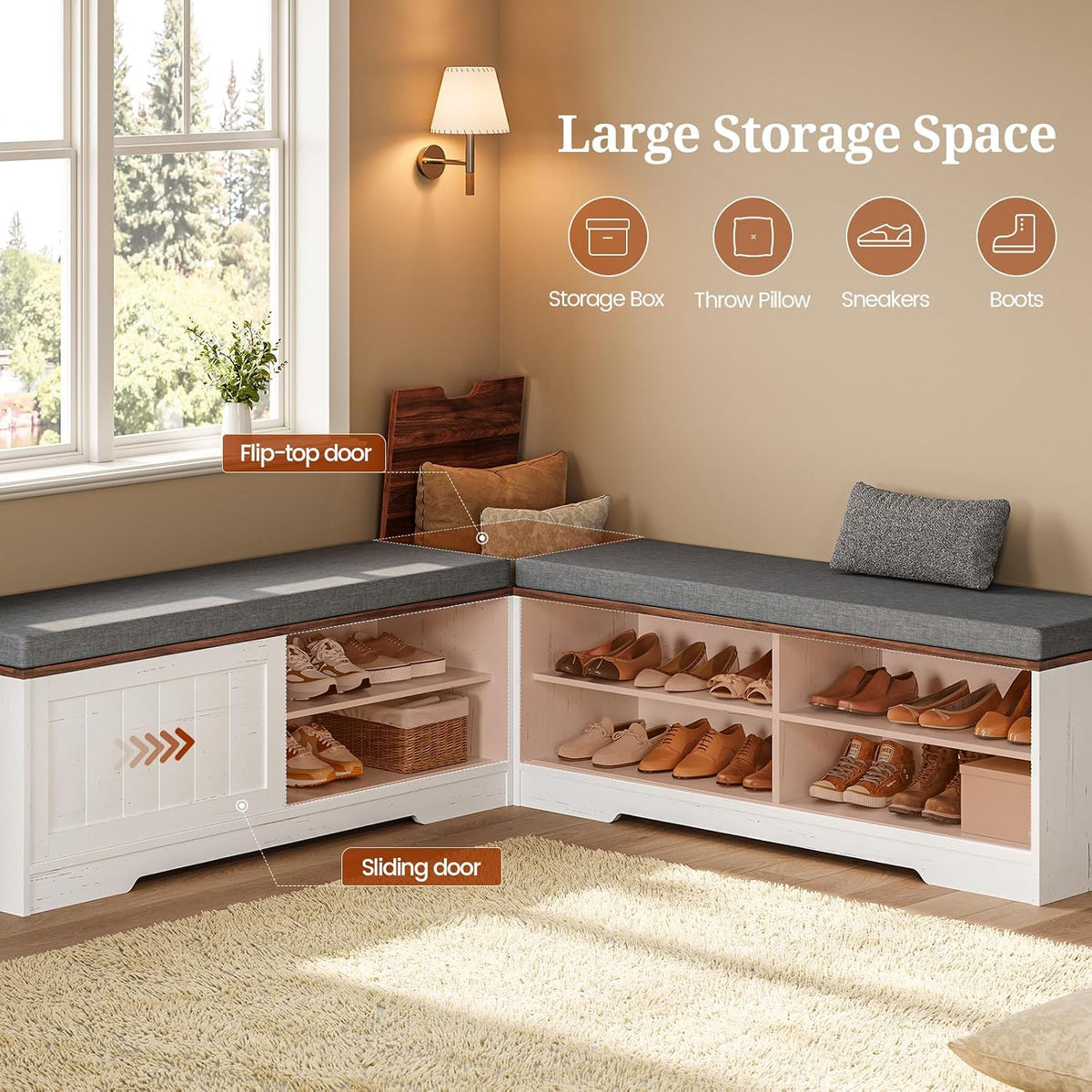 uposoja farmhouse l shaped breakfast nook bench, white-brown, package contents