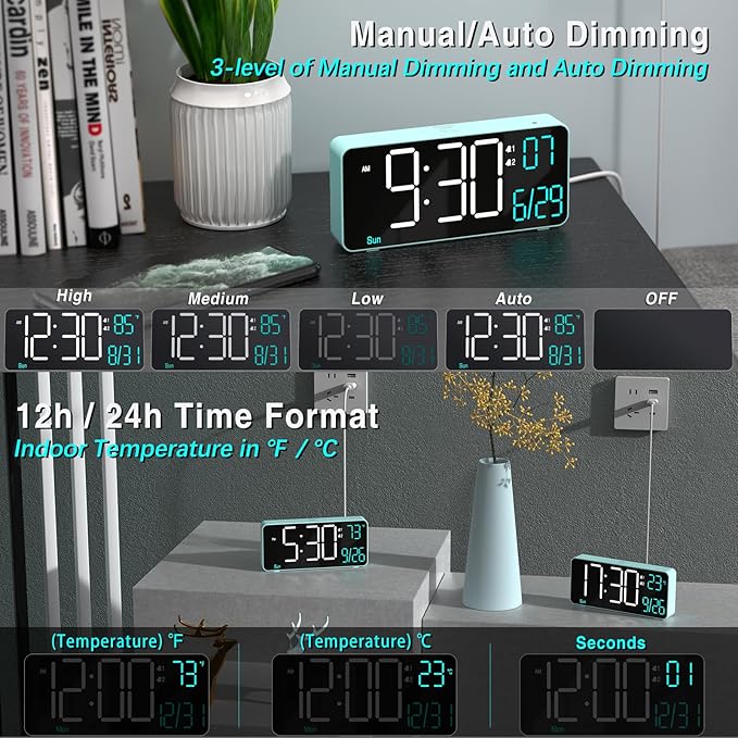 KOSUMOSU Digital Alarm Clock for Bedroom, 6.7in Desk Clock LED, Auto Dimming - Image 2