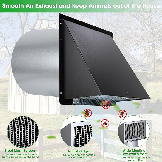 8 inch Hooded Wall Vent with Screen and Damper, Wall Vent Cover Exhaust Vent - Image 3