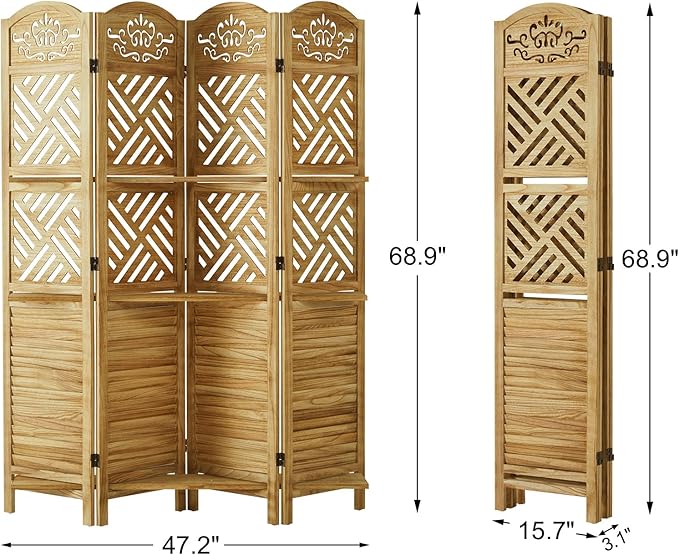Svimi Room Divider with Shelves, 68.9inch Wood Carved and Louvered Wall Divider - Image 5
