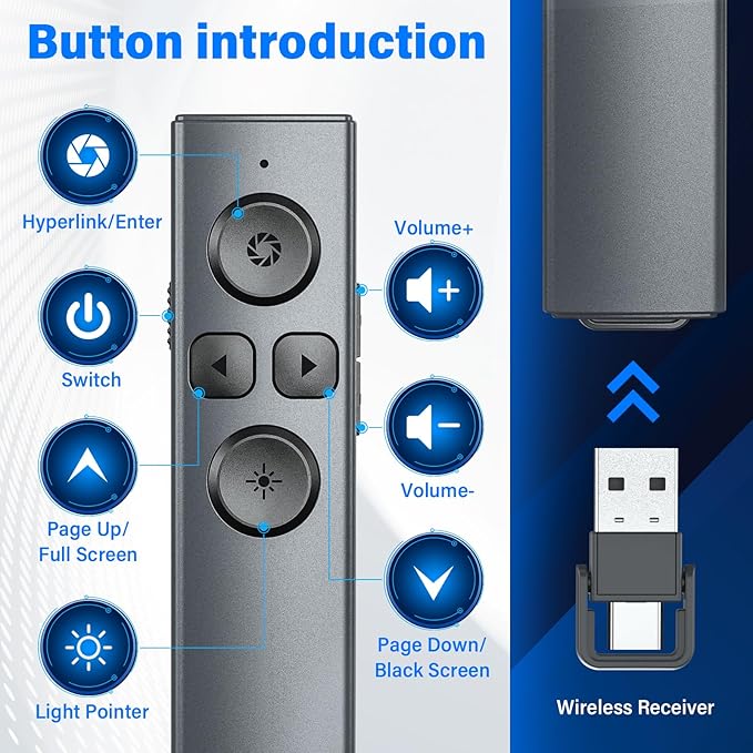 2-in-1 USB Type C Presentation Clicker, Rechargeable Wireless Presenter Remote - Image 2