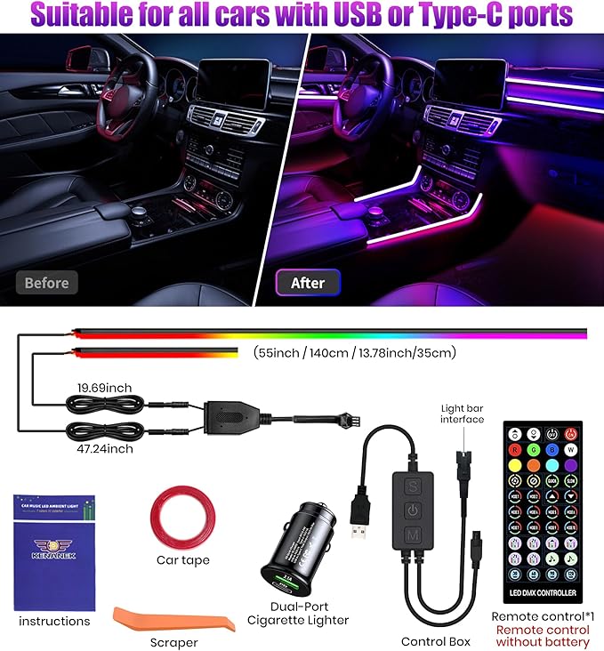 KENANEK 55.12’’ Acrylic Car Ambient Lighting Kit – 2 RGB LED Light Strips - Image 2