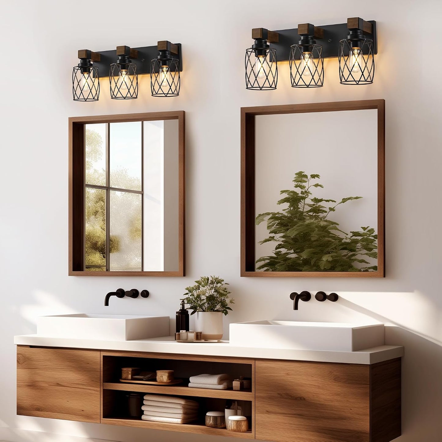 Farmhouse 3-Light Wood Bathroom Vanity Light, Black Metal Cage Shade | Mounted Over Mirror, Industrial Rustic Style, Ideal for Bathroom, Bedroom, Hallway & Living Room, Easy To Install
