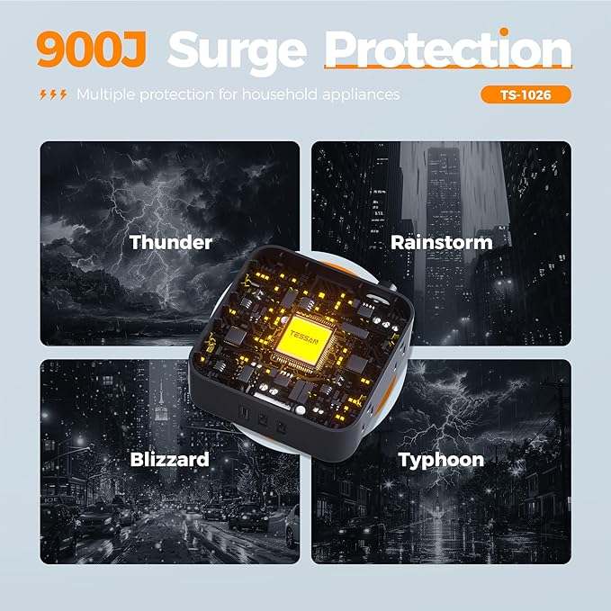 Surge Protector Power Strip, TESSAN 5 FT Black Flat Extension Cord - Image 4
