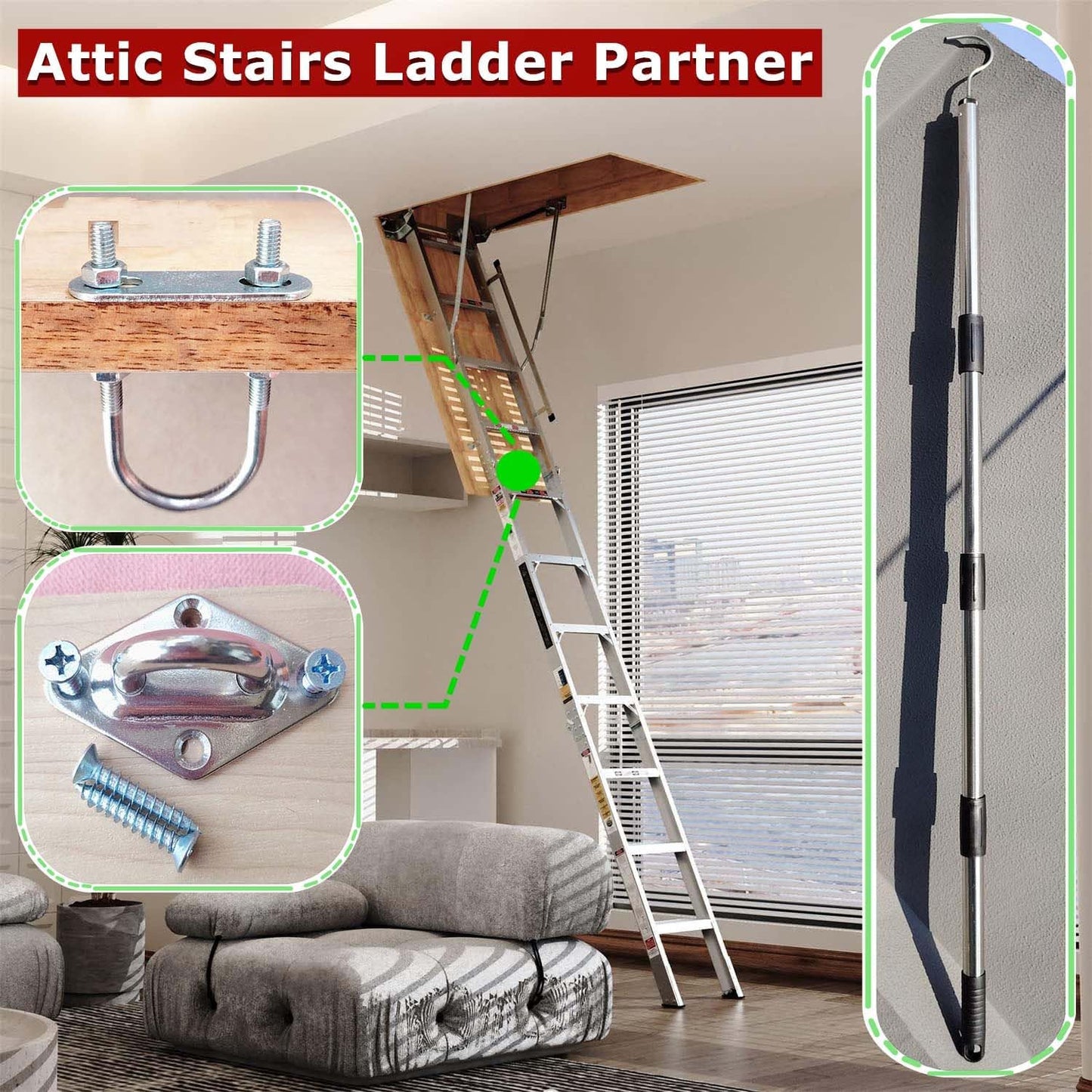 Attic Pull Down Hook System Kit, Heavy Duty Ladder Door Stairs Puller Rod Pole Replacement for Ropes Cord String with 2 Handles