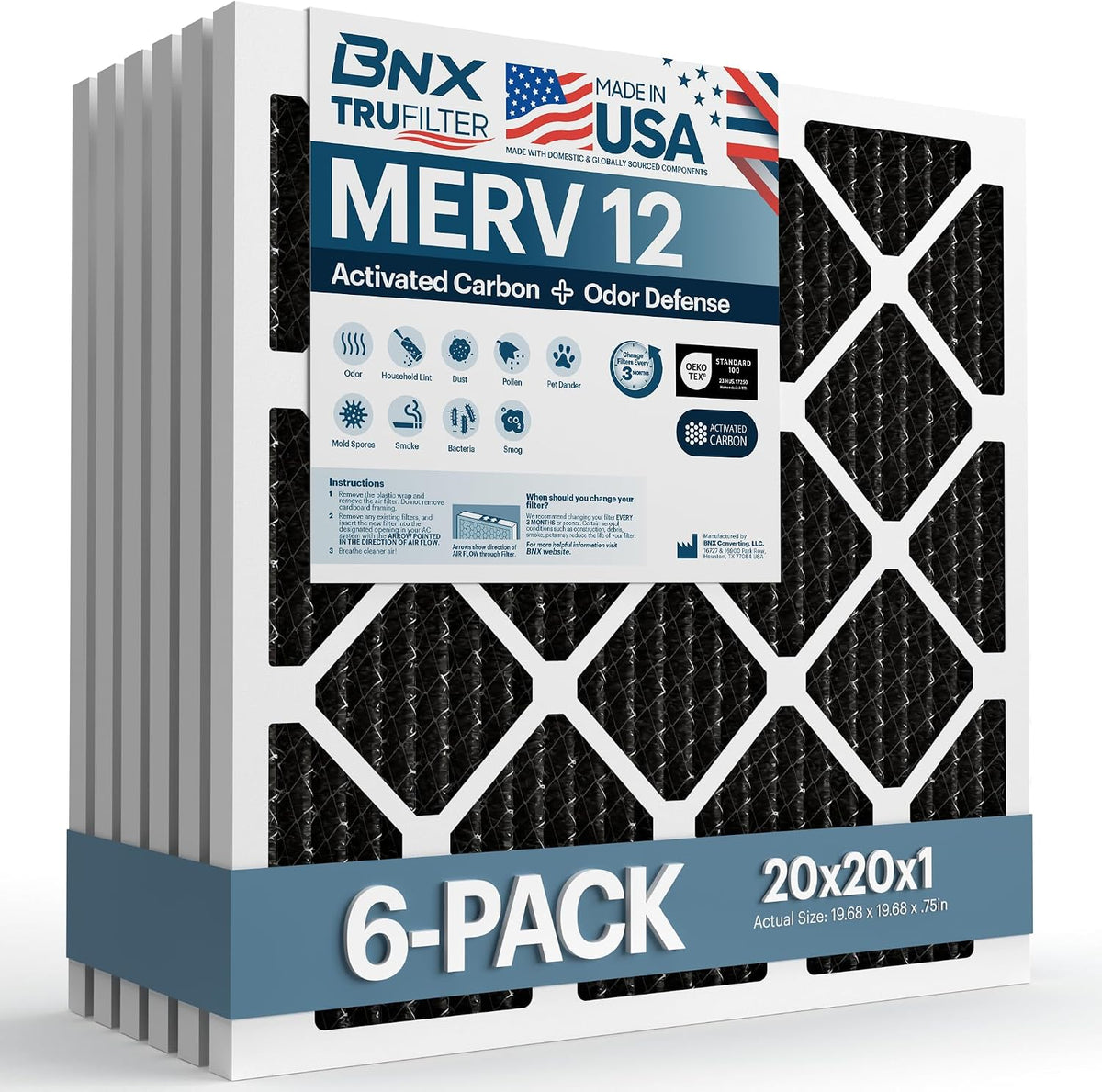 BNX TruFilter 20x20x1 MERV 12 Odor Defense AC Furnace Air Filter