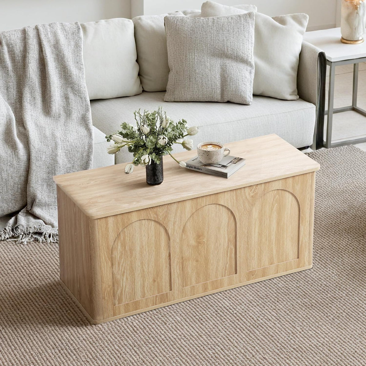 storage chest, 43'' wood storage trunk with flip-top, front angle view