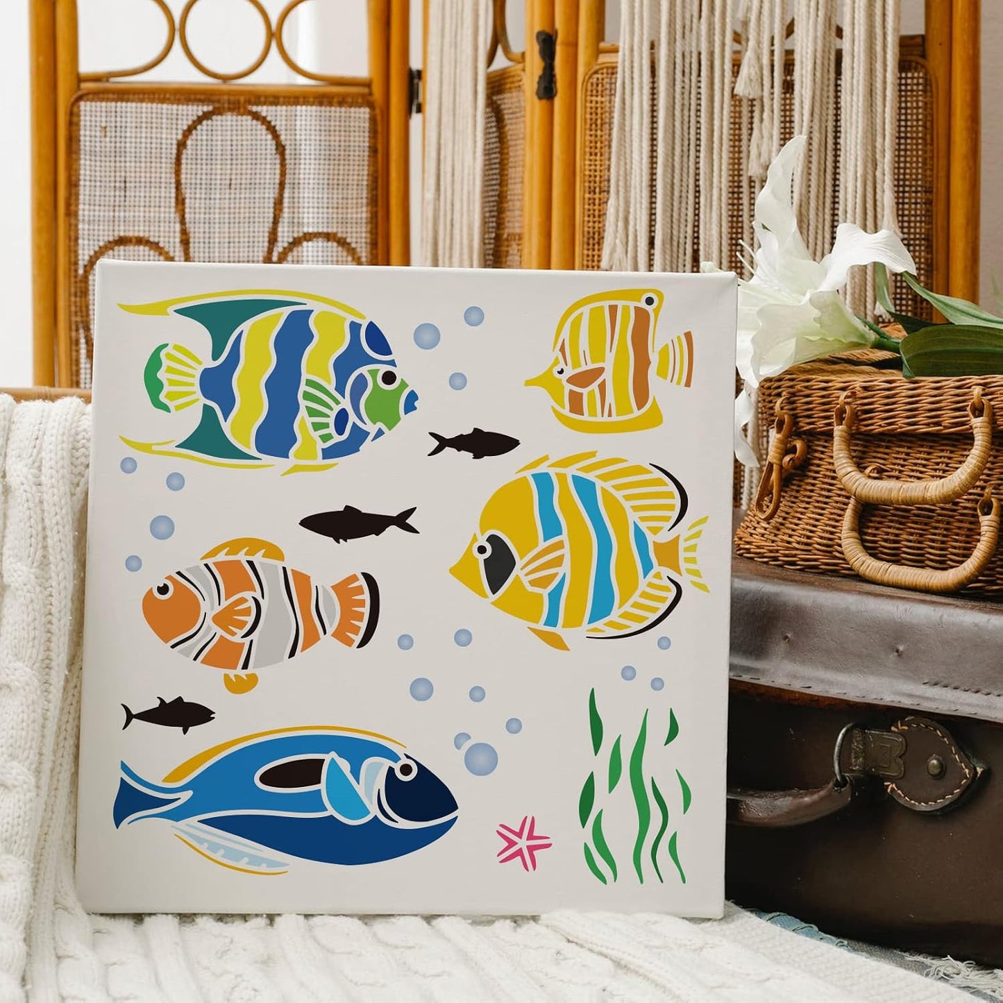 FINGERINSPIRE Tropical Fish Stencil 11.8x11.8in Ocean Sea Animal Stencils | Fish Stencils for Painting Reusable Sea Animal Stencils Sea Creatures Ocean Theme Stencil for Painting on Wood Fabric Wall