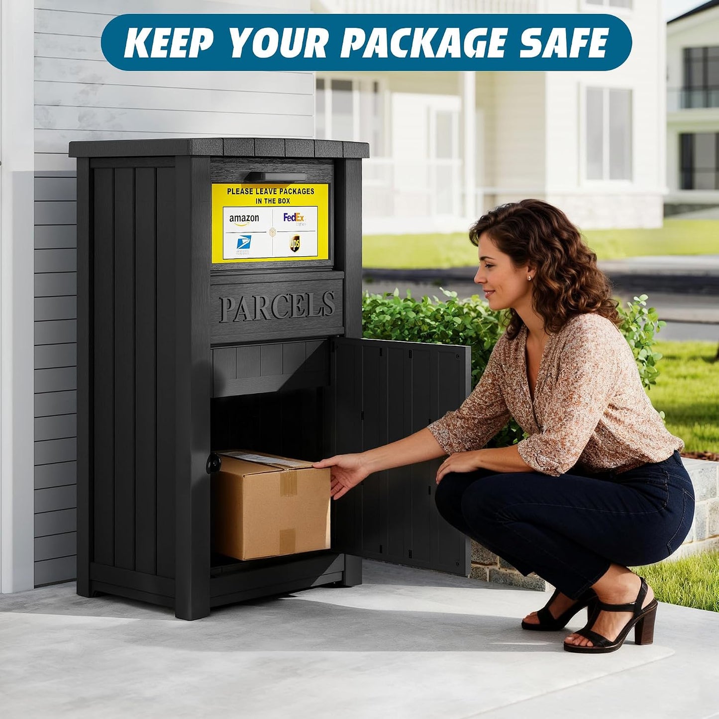 Package Delivery Box with Sign, Lockable & Weatherproof Anti-Theft Parcel Delivery Box for Porch, Curbside, Patio，Black
