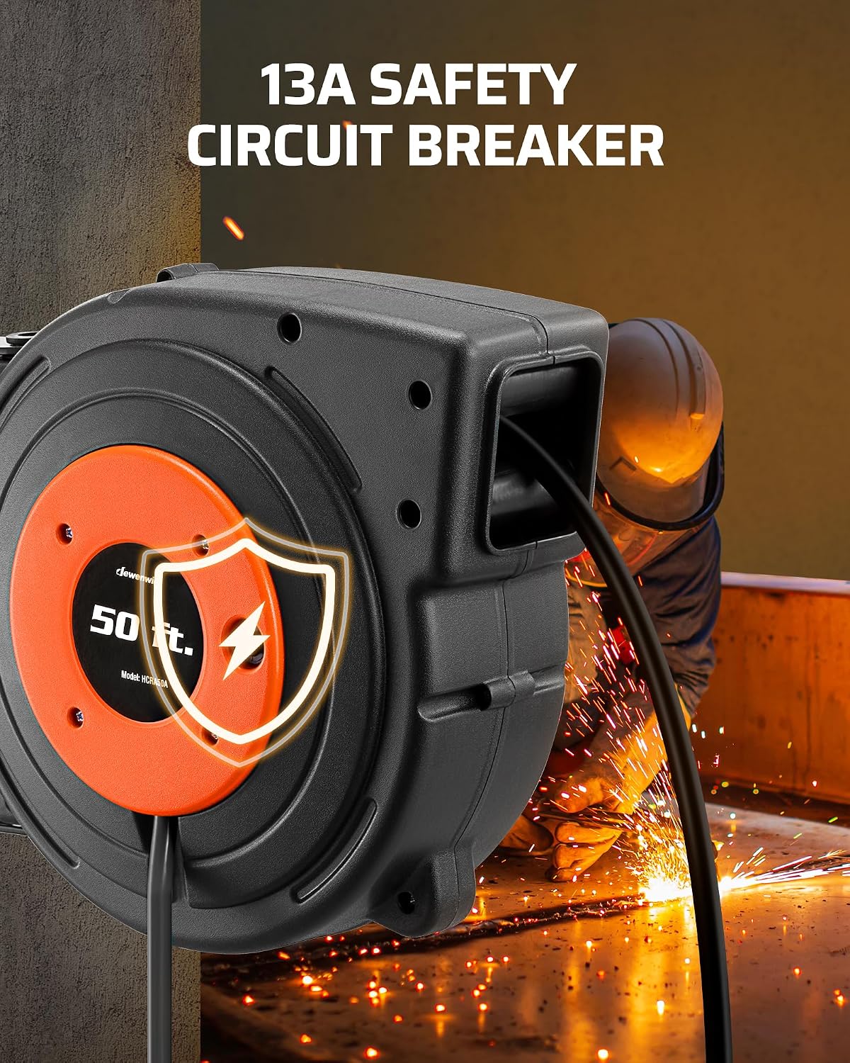 DEWENWILS 50FT Retractable Extension Cord Reel, 14AWG/3C SJTOW Cord Reel | 3-Lighted Triple Outlets, 14AWG/3C SJTOW, 13 Amp Circuit Breaker, Heavy Duty Power Cord for Garage, Workshop