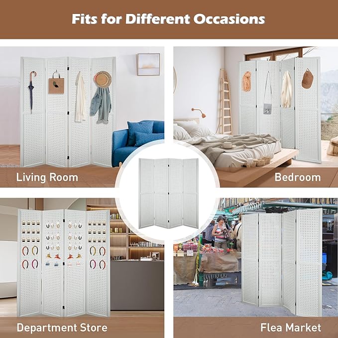 ECOMEX 4 Panel Room Divider, 5.6Ft Pegboard Display Wooden Room Divider Folding - Image 7