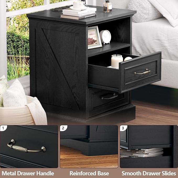 Nightstand with Charging Station Set of 2, Farmhouse Wood Small Dresser - Image 4