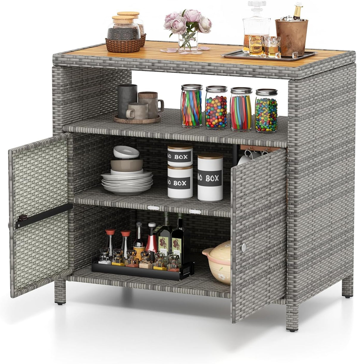 tangkula rattan outdoor storage cabinet, patiojoy outdoor cabinet shown in use