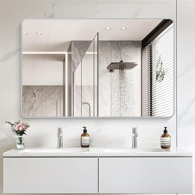 55x36 Inch Silver Bathroom Mirror, Large Rectangular Vanity Mirror, Metal - Image 2