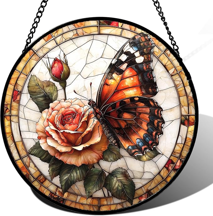 DASTOLL Stained Glass Window Hanging, Butterfly Picking Flowers Suncatcher by DASTOLL
