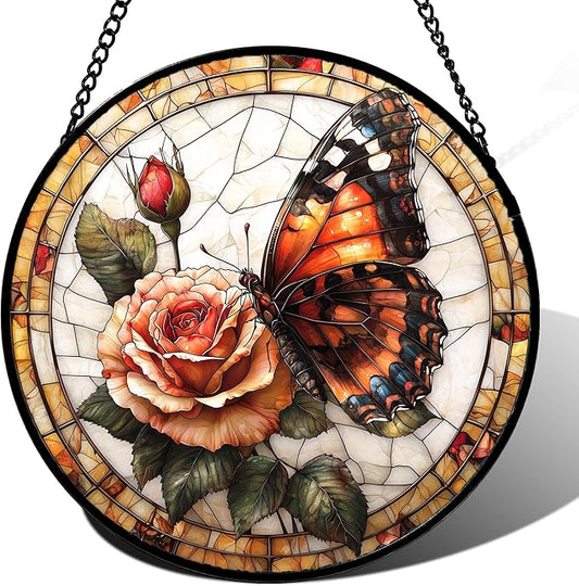 DASTOLL Stained Glass Window Hanging, Butterfly Picking Flowers Suncatcher by DASTOLL