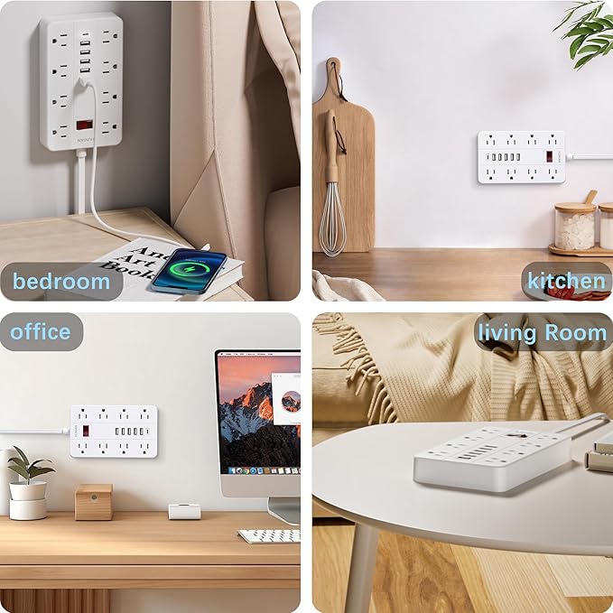 10 Ft Long Extension Cord, Power Strip Surge Protector HUNIAN Flat Plug - Image 7