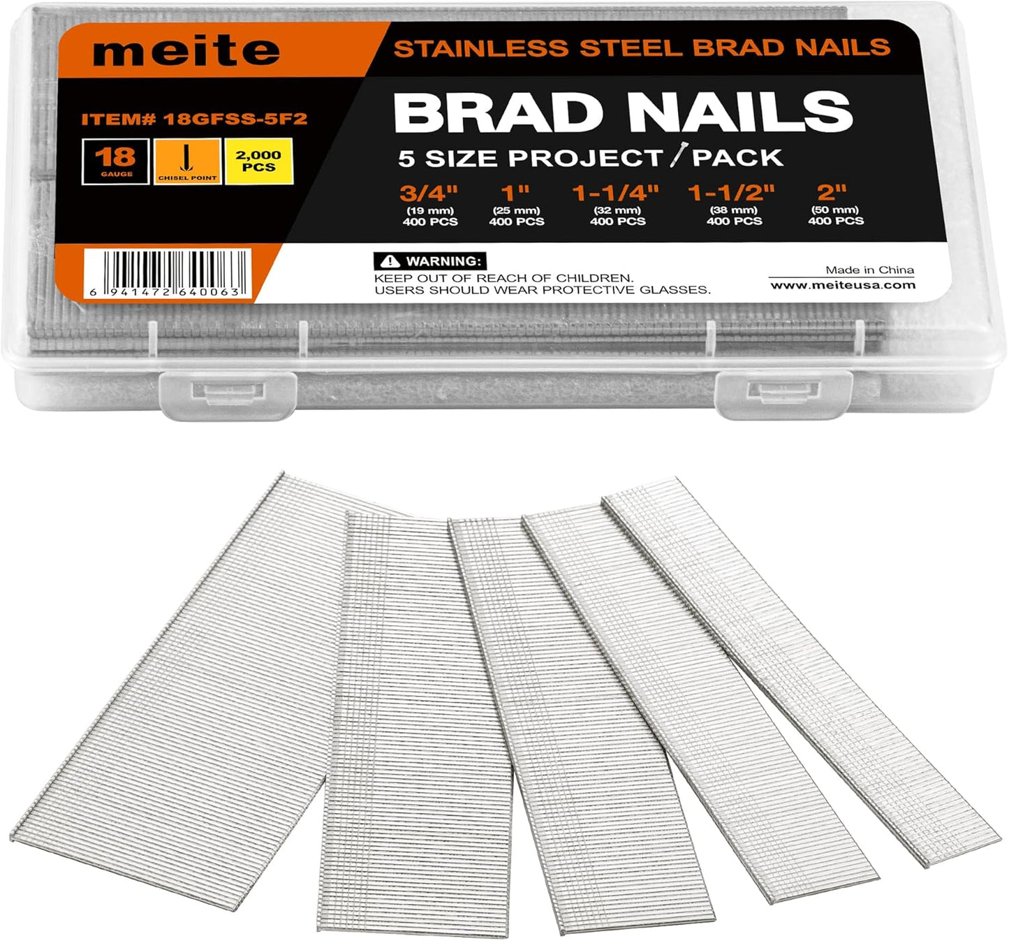 meite 18 Gauge Stainless Steel Brad Nails, Assorted 5 Sizes (3/4",1", 1-1/4", 1-1/2", 2") Universal Finish Nails for Pneumatic, Electric 18GA Brad Nail Gun Nailer, Multi-Pack 2,000-Count