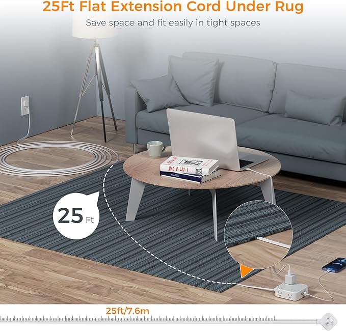 Flat Plug Long Extension Cord 25 Ft, TESSAN Power Strip Surge Protector - Image 2