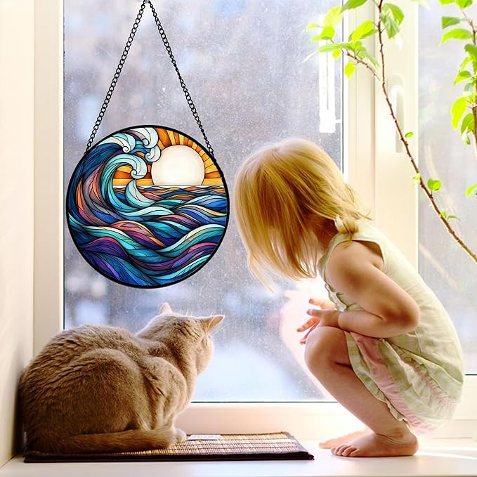 DASTOLL Stained Glass Window Hanging, Big Wave Sun Suncatcher Diamond Glass - Image 3