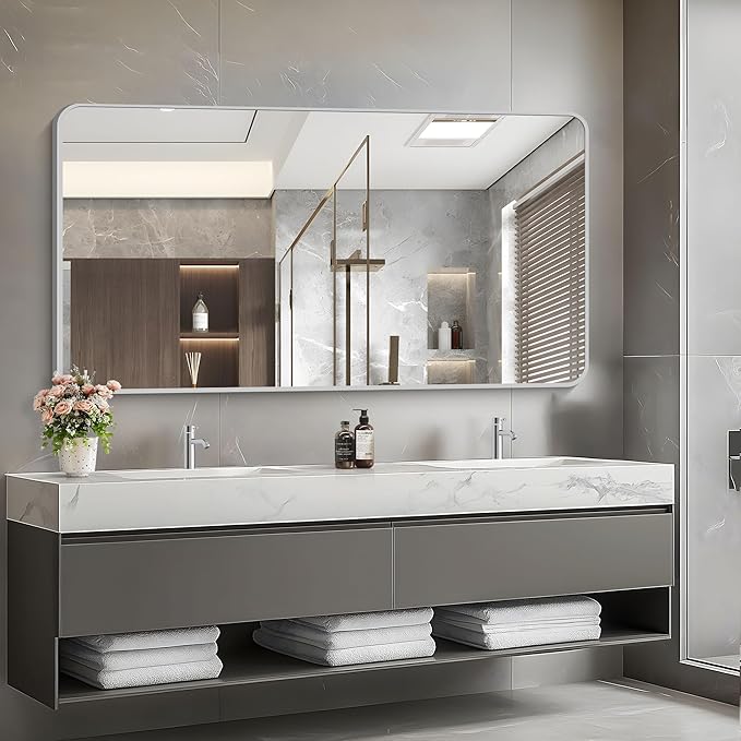 55x30 Inch Silver Bathroom Mirror, Large Rectangular Vanity Mirror, Metal - Image 3