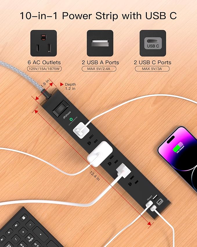 2 Pack Surge Protector Power Strip, 6 Outlets 4 USB Charging Ports, 12Ft - Image 2