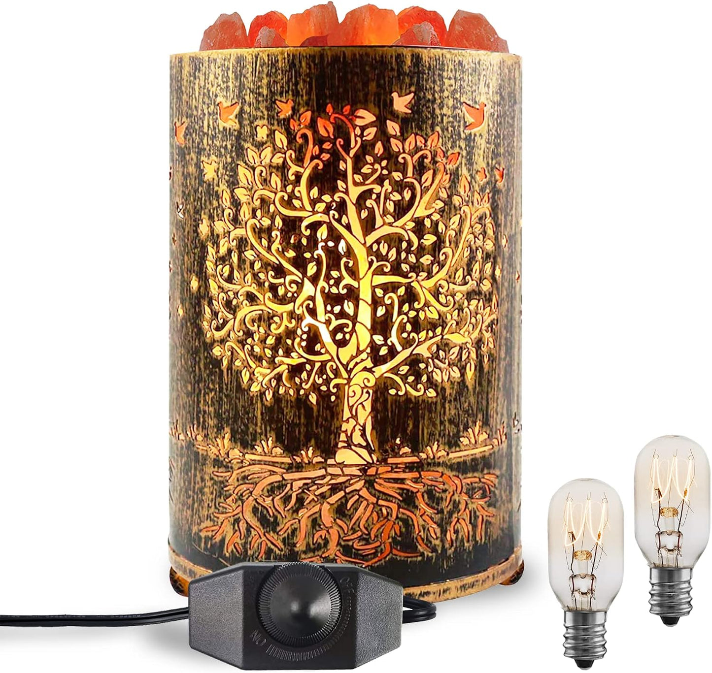 Salt Lamps Night Light, Himalayan Salt Rock Lamp with Dimmer Switch, Tree of Life Salt Basket Lamp, Retro Decor Salt Crystal Desk Light with 15W Replacement Bulbs