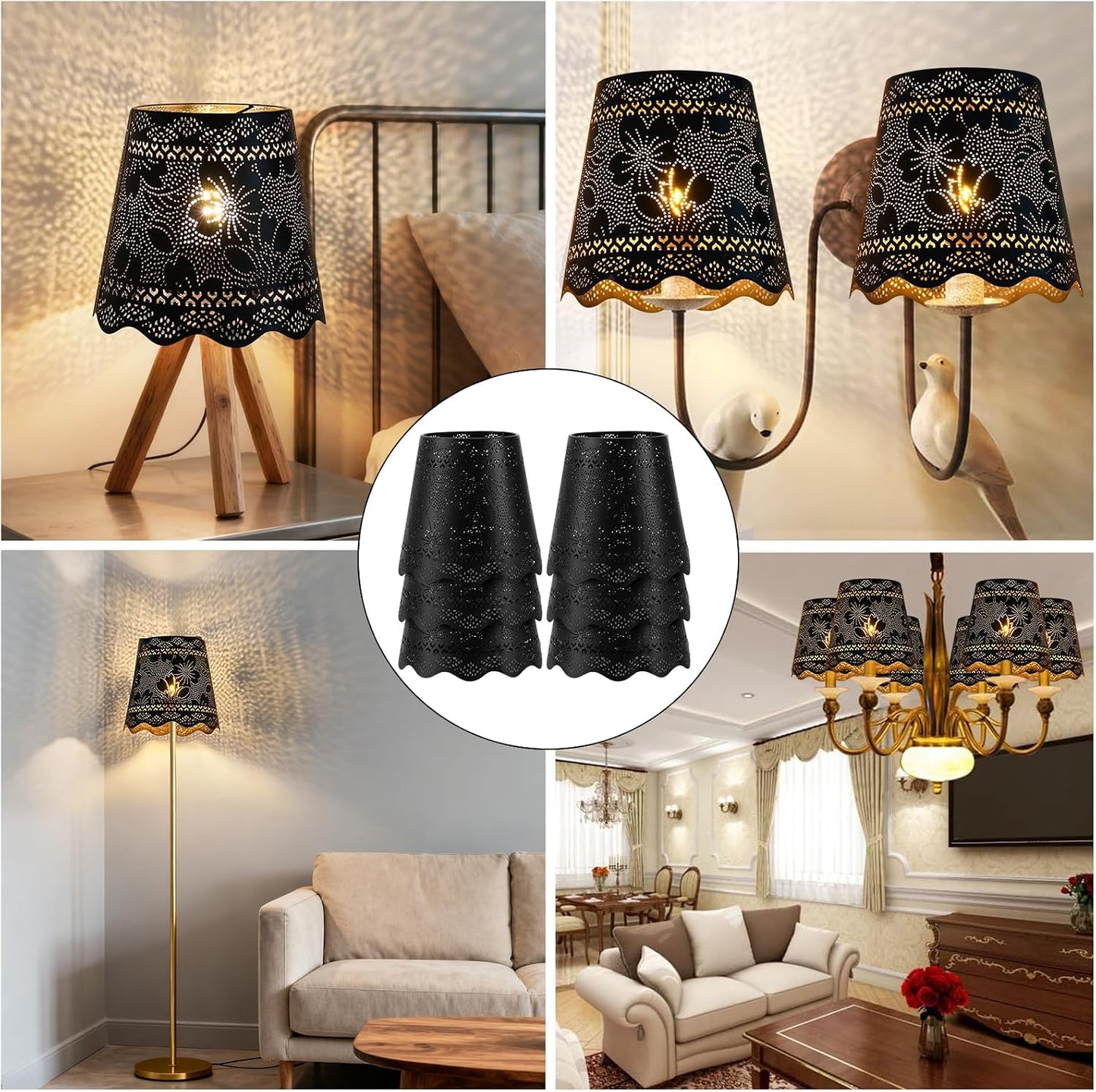 YISUN Chandelier Lampshades Set of 6, Small Metal Lamp Shade 3.9" Top x 5.9" Bottom x 5.5" High, Fit for Candelabra Bulbs, Clip-on Lamp Shades (Flower Black)