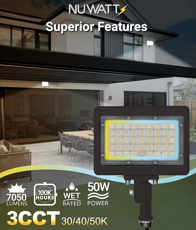 NUWATT 50W LED Flood Light, 3CCT 3000K/4000K/5000K Selectable, IP65 Waterproof - Image 4