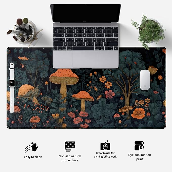 Mushroom Retro Mouse pad Desk Mat Dark Vintage Floral Forest Pad XXL, Aesthetic - Image 2