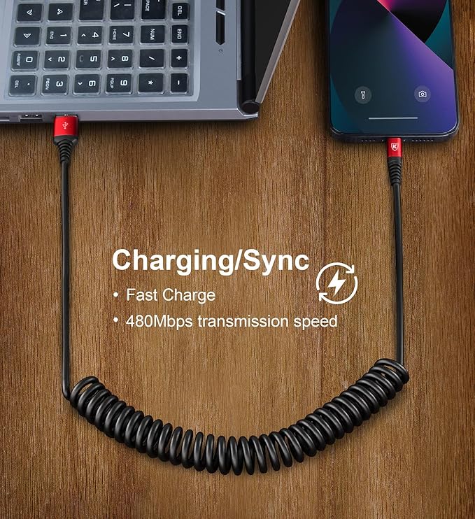 iPhone Charger Cable 6FT for Car, Coiled Lightning Cable 2 Pack 6 Feet - Image 4