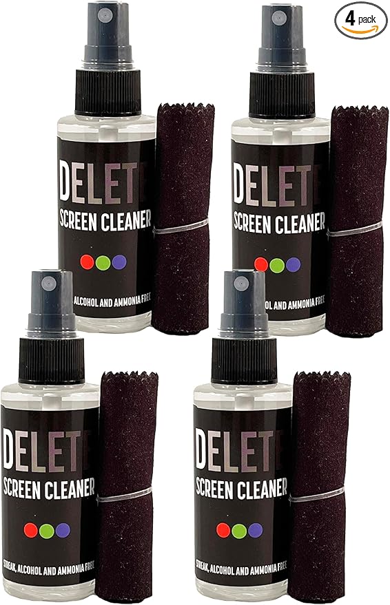 Delete Screen Cleaner Spray Kit, 4 Pack, 2oz Bottle and 12"x12" Microfiber by DELETE