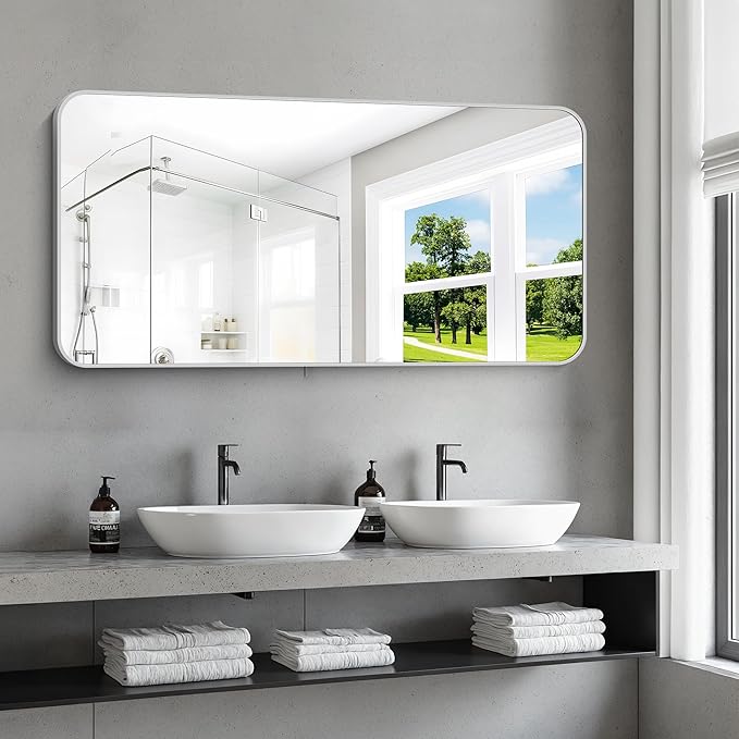 48x24 Inch Silver Bathroom Mirror, Metal Framed Silver Rectangle Mirror - Image 8