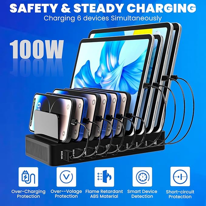 RISWOJOR Charging Station for Multiple Devices, 100W 10 Ports Charging Dock - Image 2