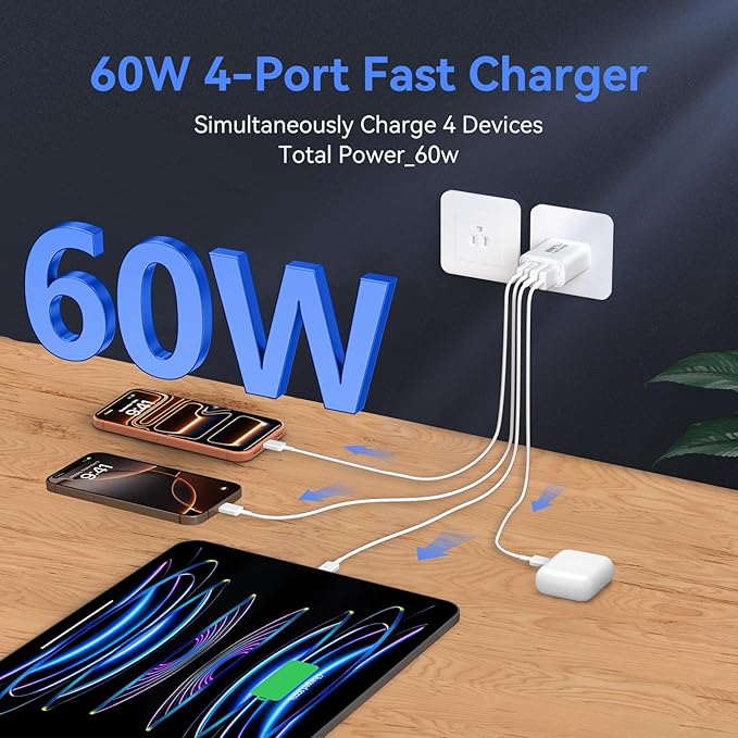 USB C Wall Fast Charger Block, 60W 4-Port Type C Charger Fast Charging Blocks - Image 3