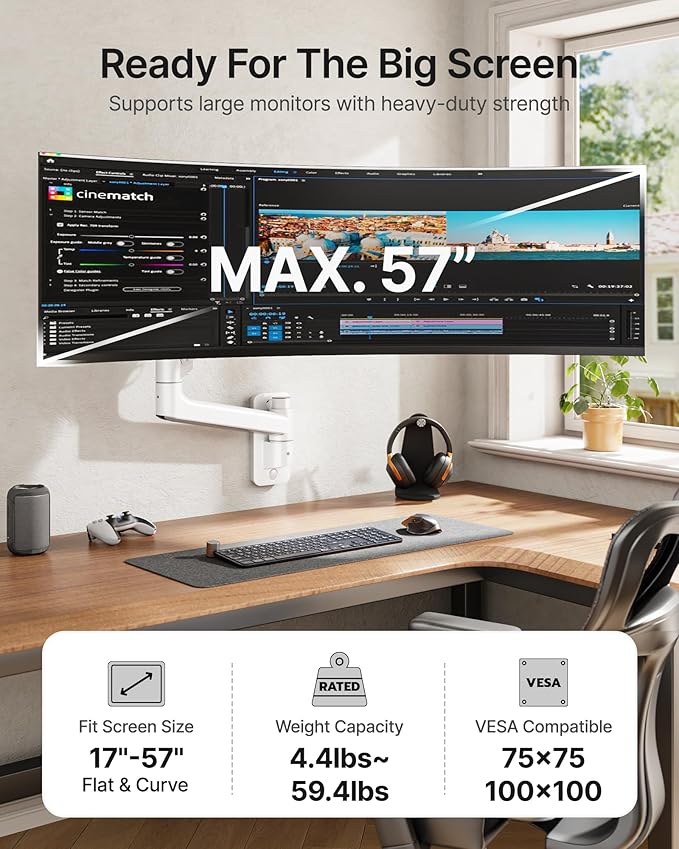 monTEK Monitor Wall Mount for 17-57“ up to 59.4 lbs Ultrawide Screens, Single - Image 2