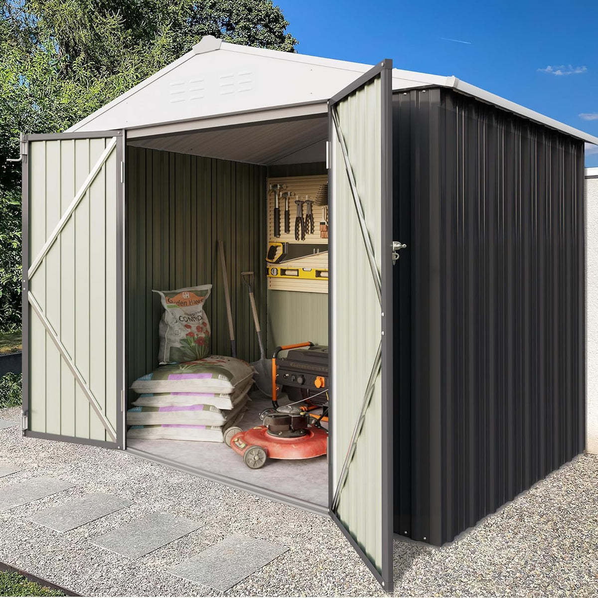 greesum 8x6ft outdoor storage shed, gray shown in use