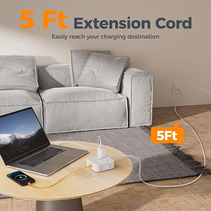 TESSAN Flat Plug Extension Cord, 5 Ft Surge Protector Power Strip - Image 2