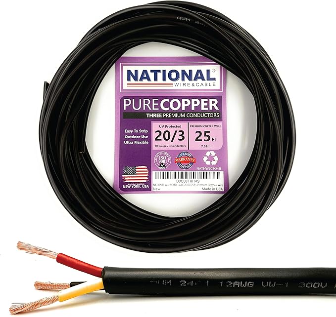 NATIONAL Wire & Cable – 20 AWG 3-Conductor Premium Copper Wire, 25 ft, Stranded by NATIONALWireCable
